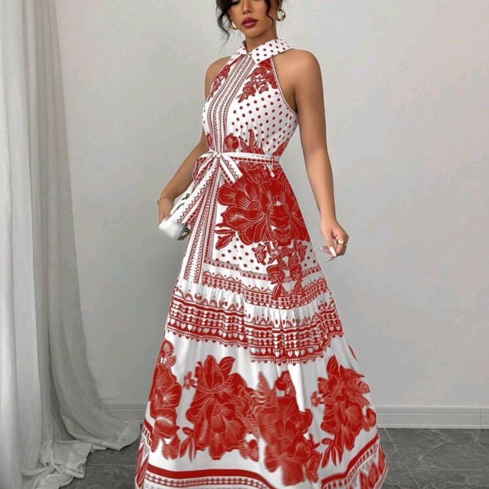 SHEIN Red and White Patterned Maxi Dress